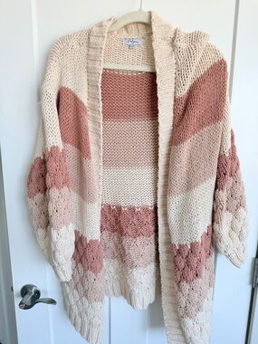 Polagram Chunky Striped Open-Front Cardigan - Cream & Dusty Rose